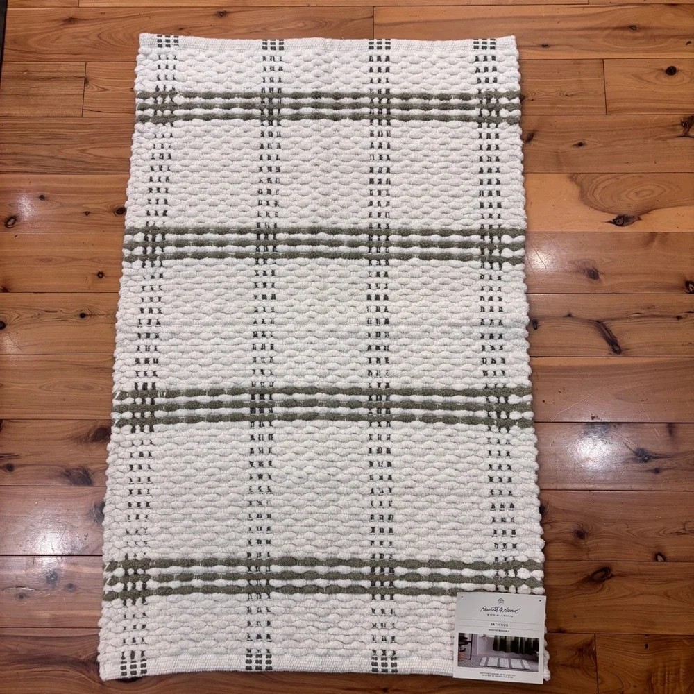 Hearth & Hand Cream and pale olive green open plaid Bath Rug machine washable